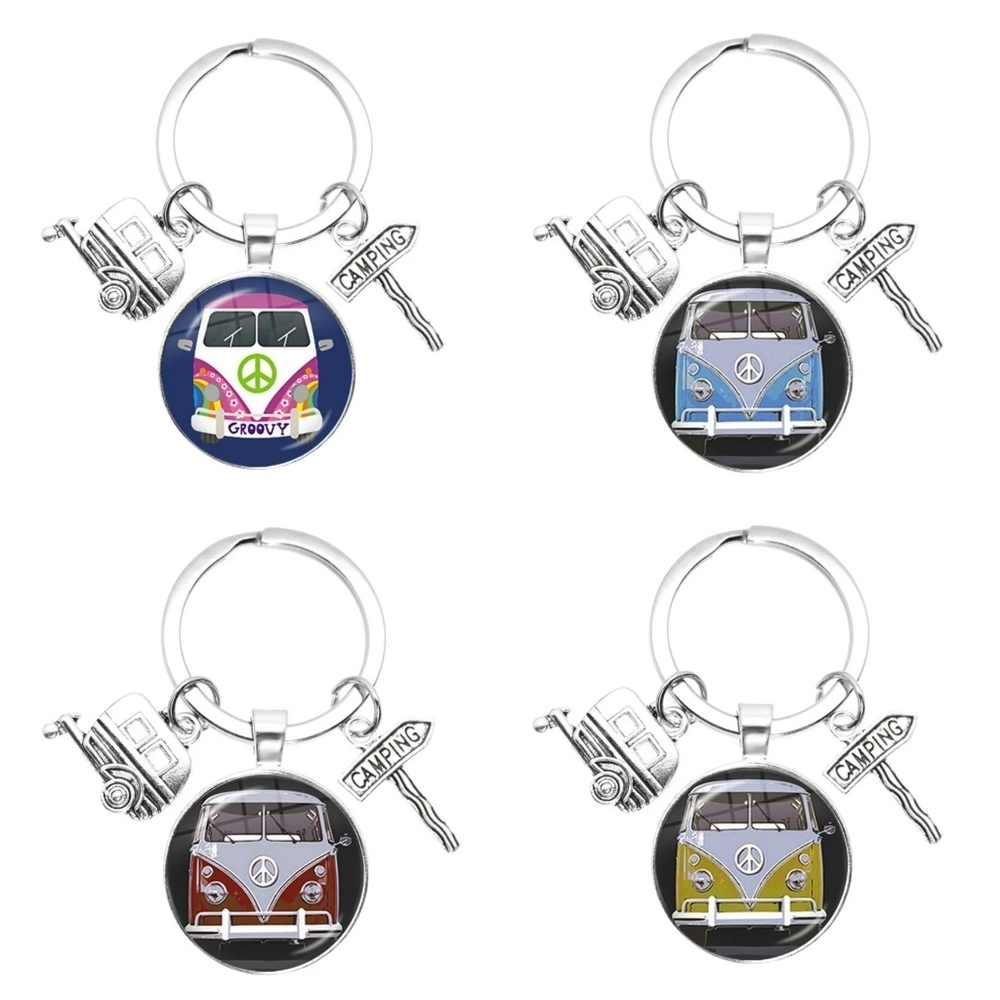 Keychain Retro Van Blue Volkswagen Bus Peace Sign - Picture 7 of 8